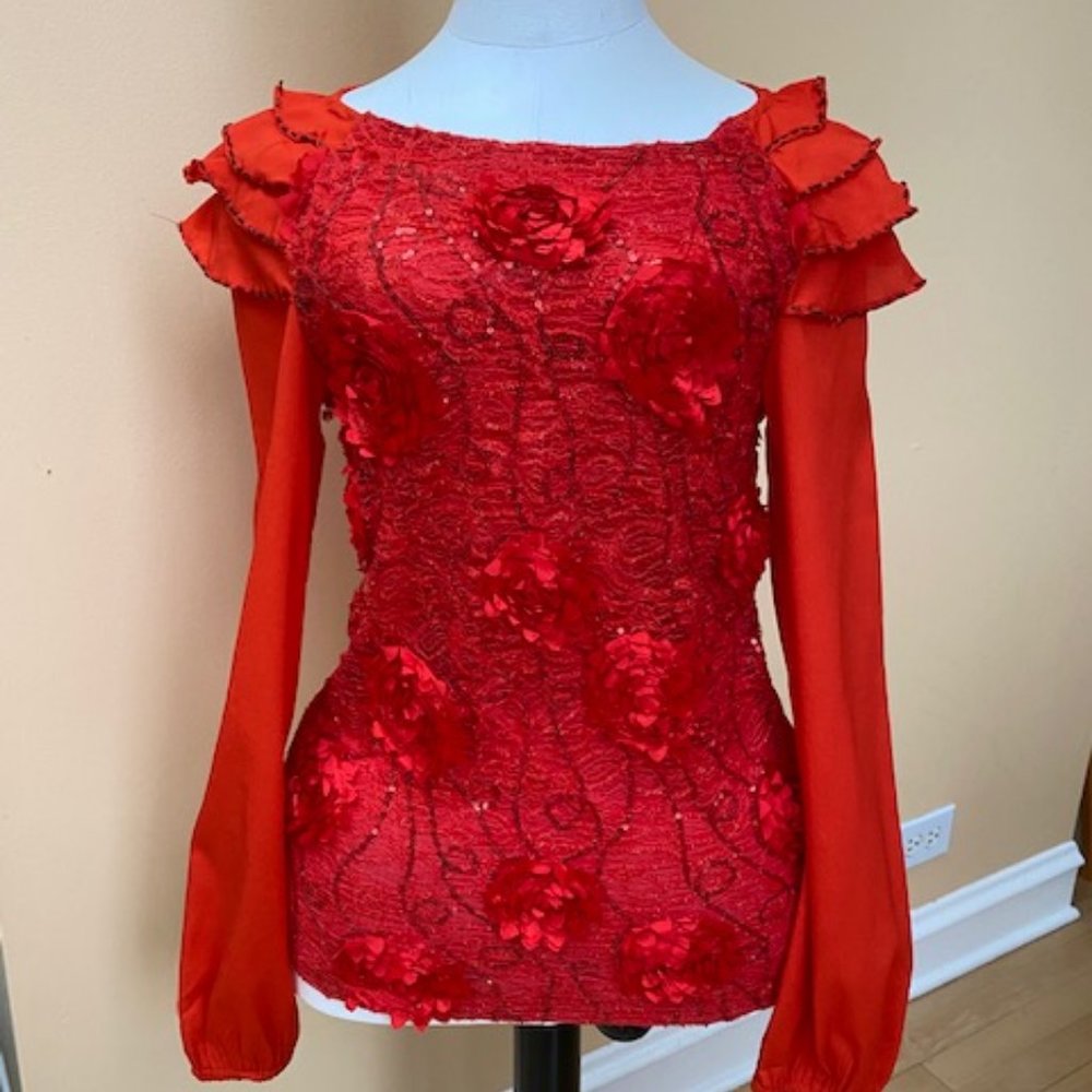 Hot Orange Alternative 3-D Flower Sequin Top